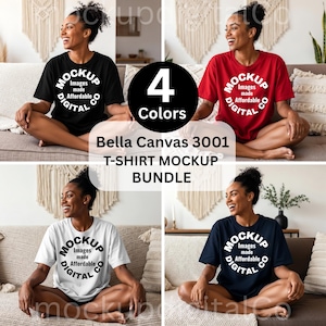 May include: A mockup bundle featuring four t-shirts in black, red, white, and navy blue. Each shirt has a circular logo that reads "MOCKUP Images made Affordable DIGITAL". The text "4 Colors" is in a black circle. The text "Bella Canvas 3001 T-SHIRT MOCKUP BUNDLE" is also visible.