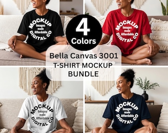 Bella Canvas 3001 TShirt Mockup Bundle, 4 Shirt Colors, African American Women, Simple Boho Styled Mockup, Black Model, Black T-shirt Mockup