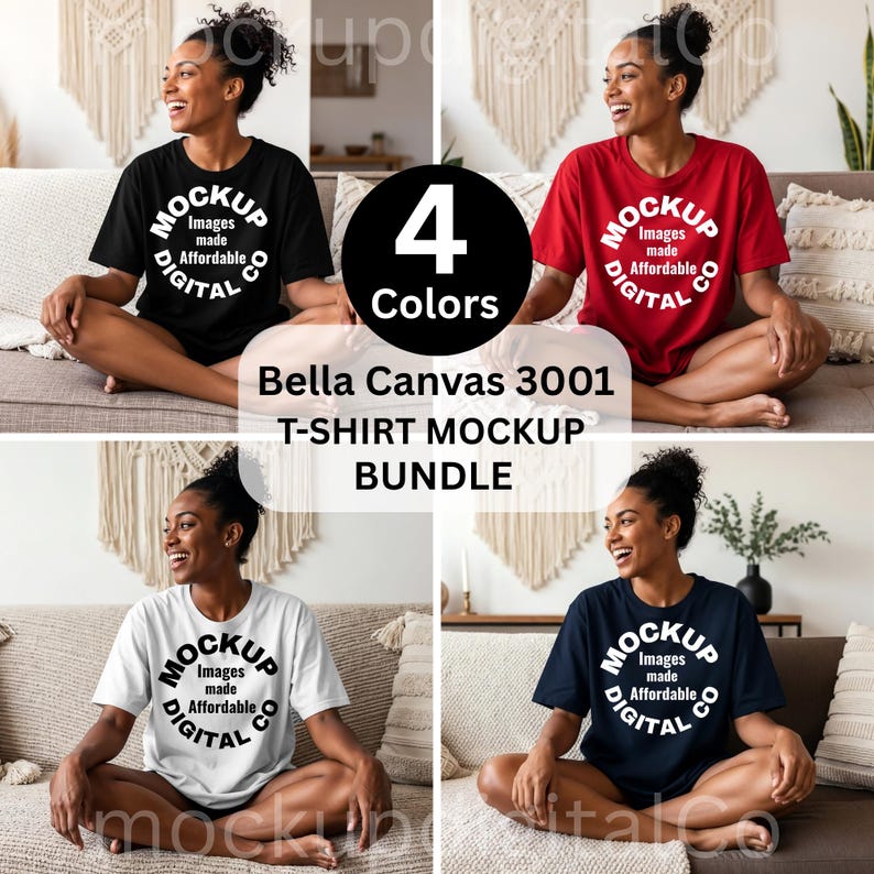 May include: A mockup bundle featuring four t-shirts in black, red, white, and navy blue. Each shirt has a circular logo that reads "MOCKUP Images made Affordable DIGITAL". The text "4 Colors" is in a black circle. The text "Bella Canvas 3001 T-SHIRT MOCKUP BUNDLE" is also visible.