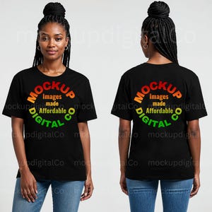 May include: Black t-shirt with a colorful graphic that says "MOCKUP DIGITAL CO" with the words "Images made Affordable" in the center.