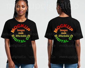 Maquette de t-shirt noir Bella Canvas 3001 |  Maquette de chemise à l'avant et à l'arrière | femme afro-américaine | Esthétique de studio simple | Maquette modèle noir