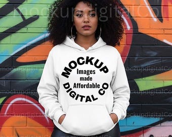 Gildan 18500 White Hoodie Mockup, G18500 Hooded Sweatshirt, African American Woman, Urban Streetwear, Black Model Mockup, White Hoodie Mock