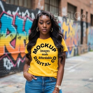 Bella Canvas 3001 Gold TShirt Mockup | Yellow T-shirt Mock-up | Black Model | Trendy Urban Summer Graffiti Aesthetic Tshirt Digital Mockup