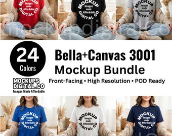 Bella Canvas 3001 Tshirt Mockup Bundle, BC3001 24 Color T-Shirt Mockups, Lifestyle Female Model, Boho Aesthetic Tee, High Res POD Mockups