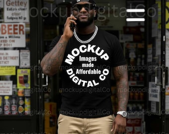 Bella Canvas 3001 Schwarzes T-Shirt Mockup, BC3001 Schwarzes T-Shirt Mockup, Schwarzes männliches Modell Mockup, Urban Casual Lifestyle Herren T-Shirt Mockup