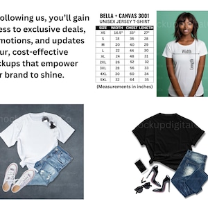 K&ouml;nnte beinhalten: Ein wei&szlig;es und ein schwarzes T-Shirt-Mockup mit Gr&ouml;&szlig;entabelle. Die Tabelle zeigt die Ma&szlig;e f&uuml;r Breite, Brust und L&auml;nge in Zoll f&uuml;r die Gr&ouml;&szlig;en XS bis 5XL. Bella + Canvas 3001 Unisex Jersey T-Shirt.