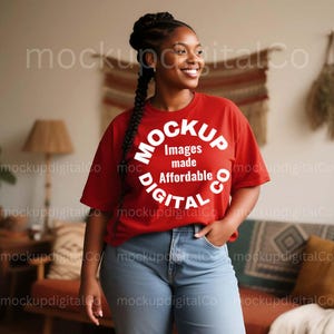 Comfort Colors Red Tshirt Mockup, Comfort Colors 1717 Oversized Shirt Mockup, Plus Size Black Model, Trendy Boho Lifestyle T-shirt Mock up