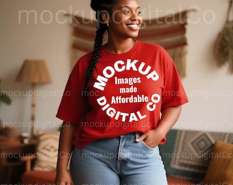 Comfort Colors Red Tshirt Mockup, Comfort Colors 1717 Oversized Shirt Mockup, Plus Size Black Model, Trendy Boho Lifestyle T-shirt Mock up