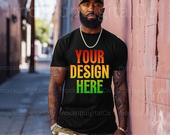 Maqueta de modelo negra, maqueta de camiseta negra Bella Canvas 3001, maqueta de camiseta negra 3001, maqueta de hombre negro, descarga digital, afroamericano