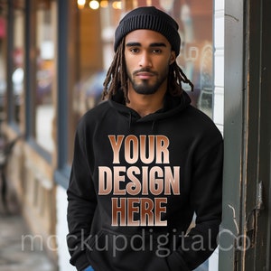 Black Male Model Gildan 18500 Black Hoodie Mockup Trendy Streetwear Style African American Mockups Black Sweatshirt Mockup