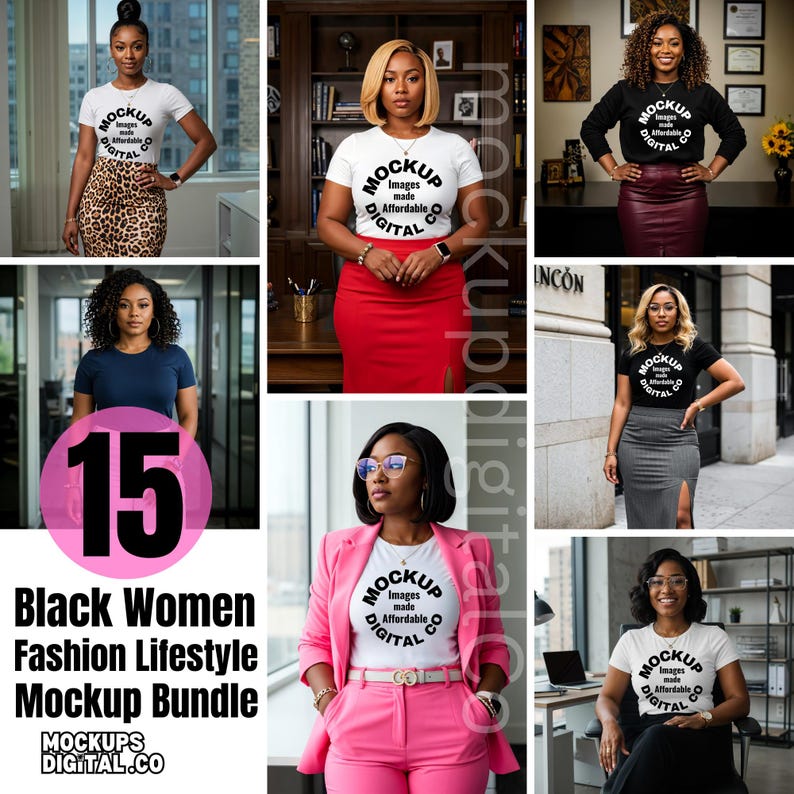 May include: A set of 15 mockup images featuring Black women wearing various outfits and poses. The images are perfect for showcasing clothing, accessories, and other products. The text "MOCKUP IMAGES MADE AFFORDABLE DIGITAL.CO" is visible on some of the shirts.