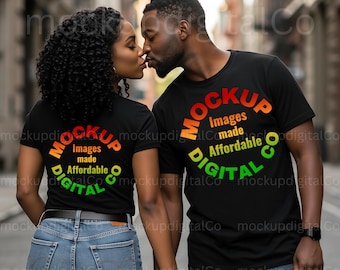 Bella Canvas 3001 Black Tshirt Mockup Afican American Couple T-shirt Mockup Front and Back T-shirt Mockup, Black Model Man and Woman Mockup