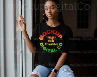 Bella Canvas Tshirt Mockup Black 3001 Shirt Mockup African American Woman Trendy Lifestyle Aesthetic Boho Black Model T-shirt Digital Mockup