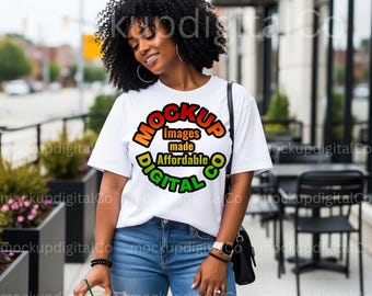Comfort Colors 1717 White TShirt Mockup | Black Model | Oversized Tshirt Mockup | Summer Aesthetic Mockup | T shirt Lifestyle Mockup