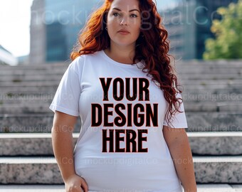 Plus Size Bella Canvas 3001 White T-shirt Mockup, Diverse Inclusive Mocks, Plus Size Mock-ups, Curvy Model, Outdoor MockUp, Oversized Mockup