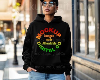 Gildan 18500 Black Hoodie Mockup, Hooded Sweatshirt Mockup, African American, Gildan Black Hoodie Mock up, Black Model Woman Lifestyle Mock
