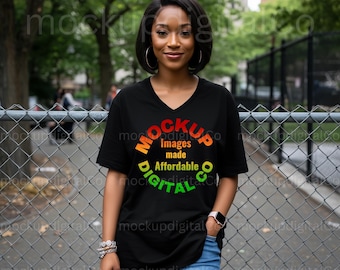 Bella Canvas 3005 Black Vneck Tshirt Mockup,  Black V-Neck Shirt Mock up, African American, Black Model, Trendy Urban Aesthetic Mockup