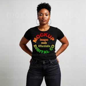 Gildan 64000 Black Tshirt Mockup, Black Model, African American Woman, Studio Minimalist Mockup | Digital Download | POD T-Shirt Template