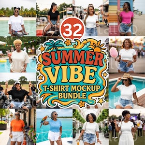 African American Black Tshirt Mockups Summer Vibe Mockup Bundle Female Black Model White T-shirt Mockup Black Women Lifestyle Shirt Mockup