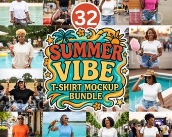 African American Black Tshirt Mockups Summer Vibe Mockup Bundle Female Black Model White T-shirt Mockup Black Women Lifestyle Shirt Mockup