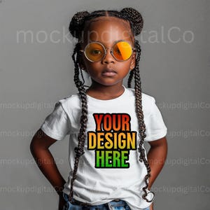 Little Black Girl Mockup White Bella Canvas 3001 Child T-shirt Mockup African American Toddler Black Model Mockup Kids Studio Tshirt Mockup