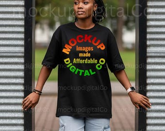 Black Gildan 64000 TShirt Mockup, Gildan 64000 Black T-shirt Mockup, Black Model, Black Shirt Mockup, Oversized Mockup, Lifestyle Tee Mockup