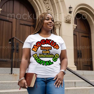 Gildan 64000 White T-Shirt Mockup, African American Woman Plus Size Black Model T-Shirt Mockup, Faith-Based Lifestyle White Shirt Mockup