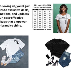 May include: A white and a black t-shirt mockup with size chart. The chart shows the width, chest, and length measurements in inches for sizes XS to 5XL.  Bella + Canvas 3001 Unisex Jersey T-Shirt.