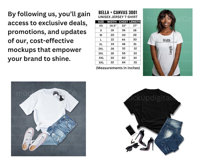 May include: A white and a black t-shirt mockup with size chart. The chart shows the width, chest, and length measurements in inches for sizes XS to 5XL.  Bella + Canvas 3001 Unisex Jersey T-Shirt.