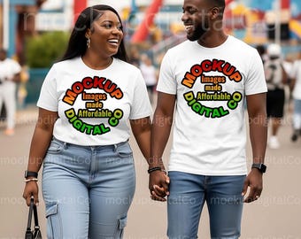 Bella Canvas 3001 White Tshirt Mockup, White Shirt Mock-up, Black Model Mockup, Couple Matching T-shirts, Woman & Man, Trendy Summer Mockup