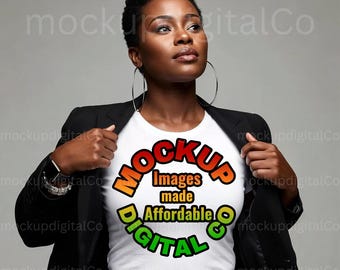 Bella Canvas 3001 White T-Shirt Mockup African American Woman Diverse Mockups Simple Studio Aesthetic Mockup Digital Download Tee For Pod