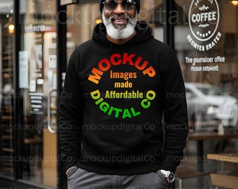 Maqueta de sudadera con capucha negra Gildan 18500 Maqueta de sudadera con capucha Gildan Maqueta de sudadera con capucha negra para hombre afroamericano Modelo masculino negro de moda