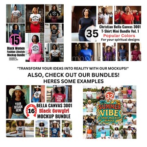 May include: A promotional image showcasing various t-shirt mockup bundles. The image includes examples of t-shirts with text, including "Your Design Here" and bundle names like "Black Women Fashion Lifestyle Mockup Bundle" and "Summer Vibe T-Shirt Mockup Bundle."