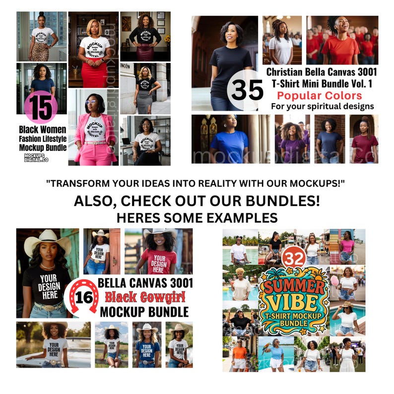 May include: A promotional image showcasing various t-shirt mockup bundles. The image includes examples of t-shirts with text, including "Your Design Here" and bundle names like "Black Women Fashion Lifestyle Mockup Bundle" and "Summer Vibe T-Shirt Mockup Bundle."