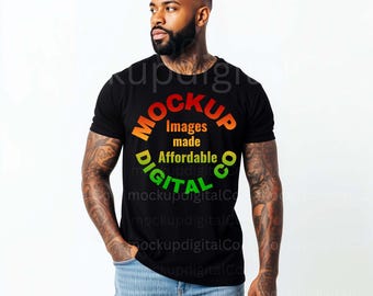 Bella Canvas 3001 Black Tshirt Mockup, African American Man Model, Studio Lifestyle Black Tshirt Mockup, Black Model, Digital Download, JPEG