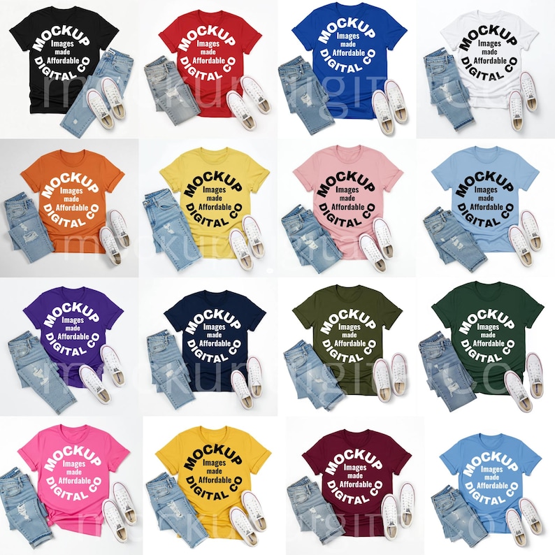 May include: A collection of t-shirts in various colors, each paired with jeans and white sneakers. The shirts feature the text "MOCKUP Images made Affordable DIGITAL CO" in a circular design. The image showcases a variety of casual outfits.