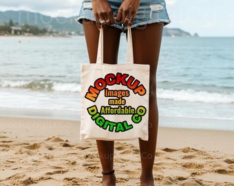 Mockup canvas draagtas natuurlijke kleur | Mockup van draagtas in strandstijl | Zomer lege draagtas JPG-download | Tasmodel voor ontwerpplaatsing