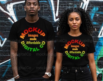 Bella Canvas 3001 / Maqueta de camiseta negra / Pareja afroamericana / Maqueta de estilo de vida estético de moda / Maquetas de camisetas de hombre y mujer negros