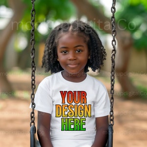 Little Black Girl Mockup, White Bella Canvas 3001 Child Mockup, African American MockUp, Black Model Mockup, Child Summer Tshirt Mockup
