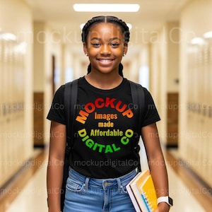 Bella Canvas 3001Y Black TShirt Youth Mockup 3001 kids T-Shirt Mockup Black Girl Model School Shirt Mock-Up Back To School BC Student Mockup