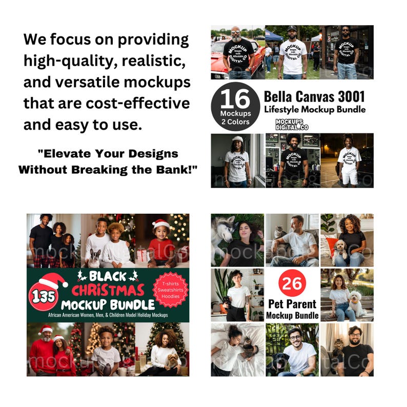 May include: A promotional image displaying mockup bundles. The image includes text that reads "We focus on providing high-quality, realistic, and versatile mockups that are cost-effective and easy to use." and "Elevate Your Designs Without Breaking the Bank!"