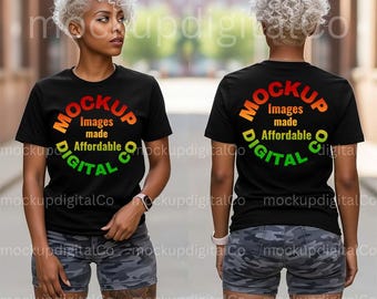 Maquette de t-shirt noir Bella Canvas 3001, maquette de chemise avant et arrière, femme afro-américaine, maquette de t-shirt noir, modèle noir