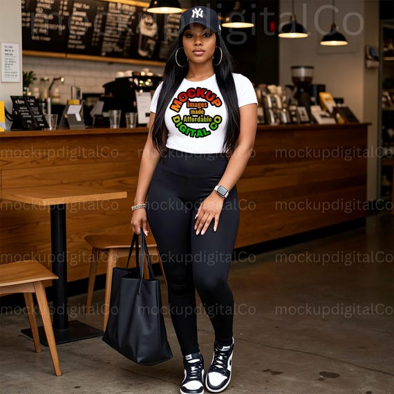 Bella Canvas 3001 White T-Shirt Mockup | African American Woman Lifestyle Mockup | Digital Download | POD Trendy Urban Casual Outfit Mockup