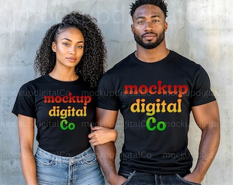 Modelos de casal, Bella Canvas 3001, Mockup de casal, Mockup de camiseta preta, Mockups de camisa de homem e mulher negros, Mockup afro-americano