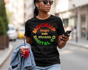 Gildan 64000 Black TShirt Mockup | Gildan Shirt Mockup | Black Model | Trendy Fall Lifestyle Black T-shirt Mock-up | Gildan Soft Style Mock