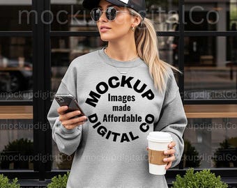 Gildan 18000 Sport Grey Sweatshirt Mockup, G18000 Grey Crewneck Mockup, Model Mockup, Gildan Sport Grey Sweater, Trendy Casual Styled Mockup