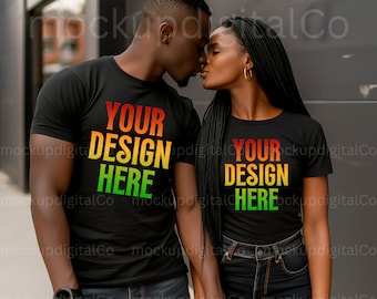 Maqueta de modelo negro Maqueta Bella Canvas 3001 Maqueta de camiseta Bella Canvas 3001 negra Maqueta de pareja negra Maqueta de camiseta urbana afroamericana