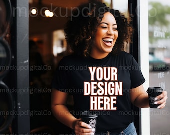 Maqueta de modelo negro, Maqueta de camiseta negra Bella Canvas 3001, Maqueta de camiseta negra, Maqueta de mujer negra afroamericana, Maqueta de estilo de vida