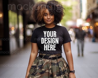 Maqueta de camiseta Bella Canvas 3001, Maqueta de mujer negra, Maqueta de camiseta negra, Maqueta de mujer negra, Maqueta de mujer afroamericana, Maqueta de chica negra, Maqueta de camuflaje