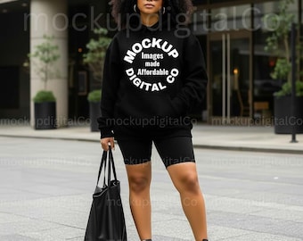 Schwarz Gildan 18500 Hoodie Mockup, G185 Schwarz Kapuzensweatshirt Mockup, Schwarzes Modell Mockup, Ästhetischer Lässiger Streetwear Gildan Hoodie Mockup